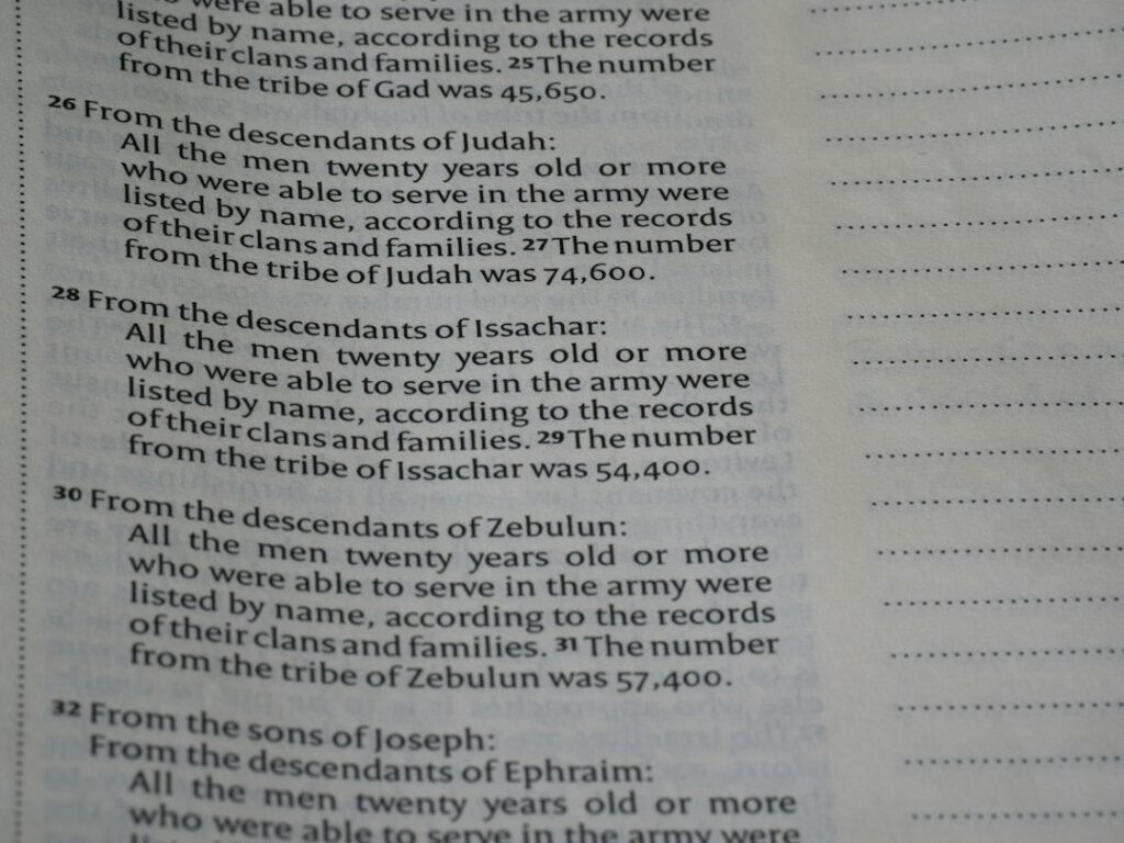 Open Hebrew prayer book beside handwritten name cards and a family tree on a wooden table.